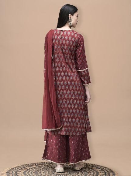 Shree Women Liva Maroon Butti Print Kurta Wide Leg Pant Dupatta