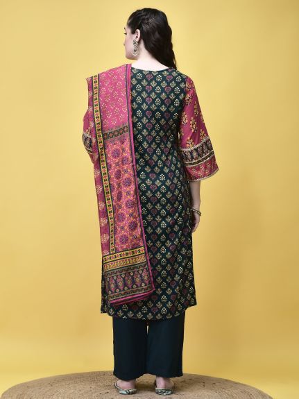 Shree Women Liva Rayon Blue Butti Print Kurta Comfort Pant Dupatta