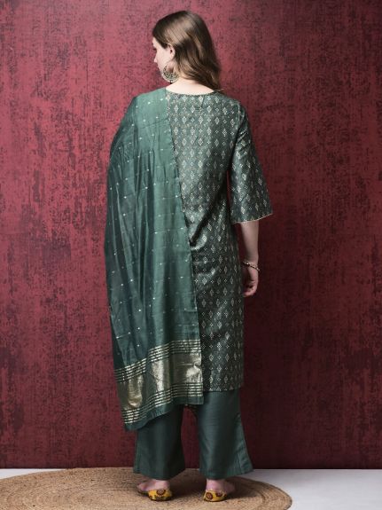 Shree Women Liva Green Foil Print Kurta Comfort pant Dupatta