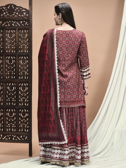 Shree Women Chanderi Maroon Ajrakh Print Kurta Skirt Dupatta
