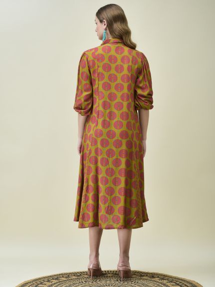 Shree Women Liva (Rayon) Olive Bandhani Print Dress