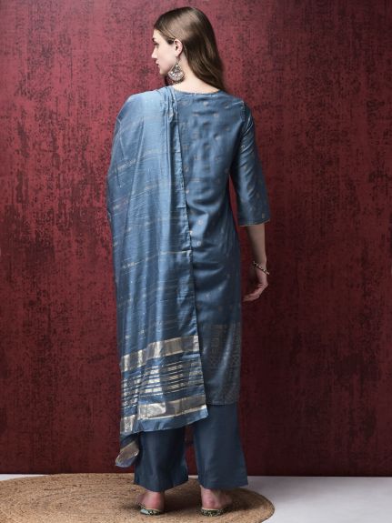 Shree Women Liva Blue Foil Print Kurta Comfort pant Dupatta