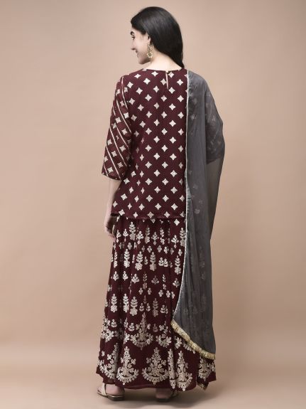 Shree Women Georgette Maroon Foil Print Kurta Split Pant Dupatta