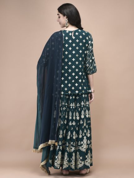 Shree Women Georgette Teal Foil Print Kurta Split Pant Dupatta