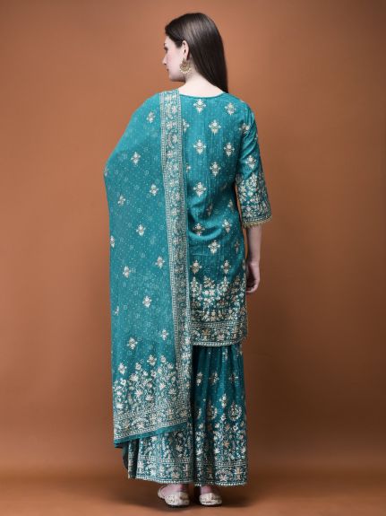 Shree Women Samaira Turquoise Blue Foil Print Kurta Sharara Dupatta