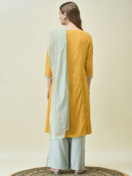 Shree Women Liva (Poly Viscose) Mustard Solid Kurta Wide Leg Pant Dupatta