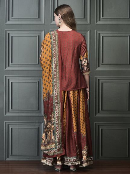 Shree Women Chanderi Rust and Mustard Paisley Print Tunic Skirt Dupatta