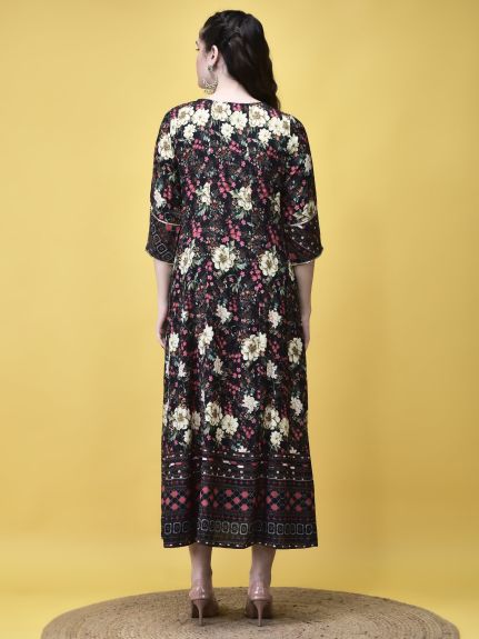 Shree Women Liva Black Floral Print Dress