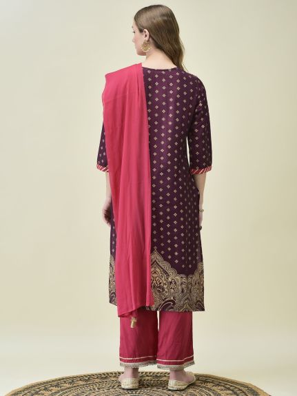 Shree Women Poly Silk Burgundy Butti Print Kurta Comfort Pant Dupatta