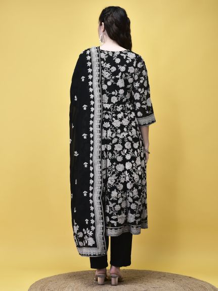 Shree Women Georgette Black Emboss Floral Print Kurta Trouser Dupatta