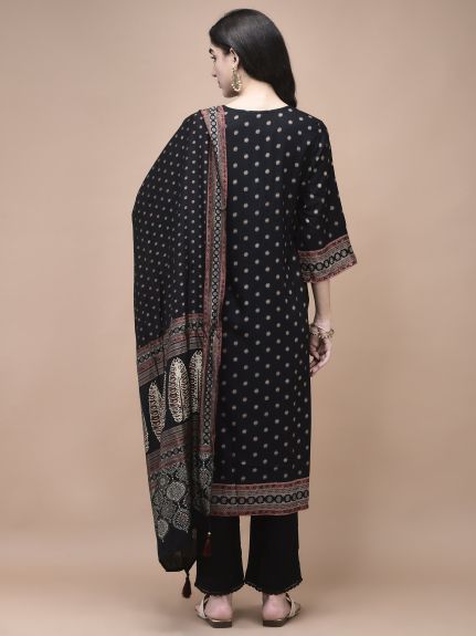 Shree Women Liva Black Ajrakh Print Kurta Comfort Pant Dupatta