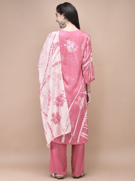 Shree Women Liva (Rayon) Pink Floral Print Kurta Comfort Pant Dupatta