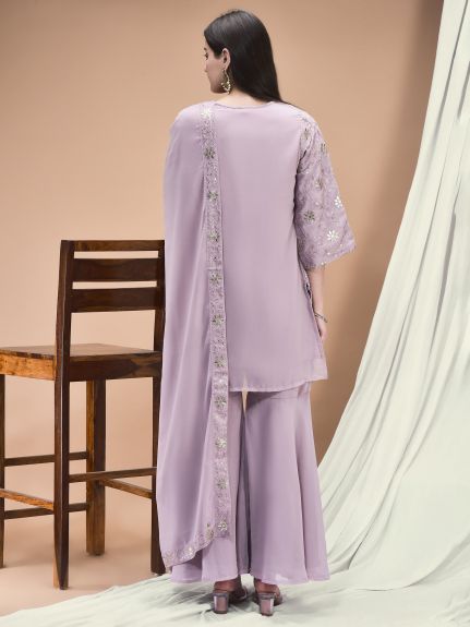 Shree Women Georgette Lilac Embroidered Kurta Sharara Dupatta