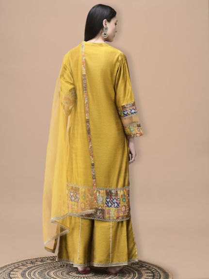 Shree Women Poly Silk Jacquard Mustard Solid Kurta Sharara Dupatta