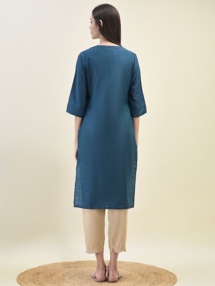Shree Women Poly Silk Blue Solid Kurta