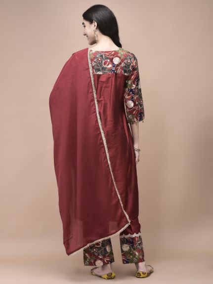 Shree Women Silk Blend Maroon Embroidered Kurta Comfort Pant Dupatta
