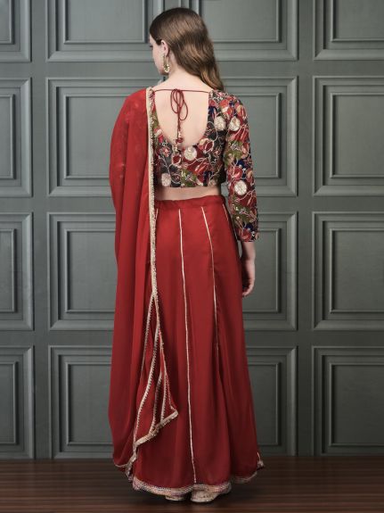 Shree Women Chinon Multicolor Embroidered Choli Red Georgette Skirt Dupatta