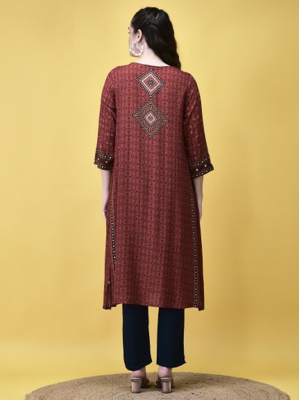 Shree Women Liva Maroon Ornamental Print Kurta