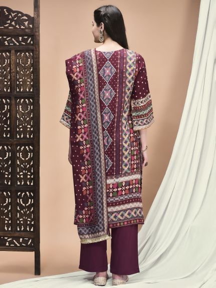 Shree Women Liva Magenta Ornamental Print Kurta Comfort Pant Dupatta