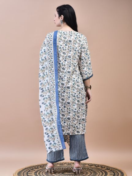 Shree Women Cotton Off-White Blue Floral Print Kurta Comfort Pant Dupatta