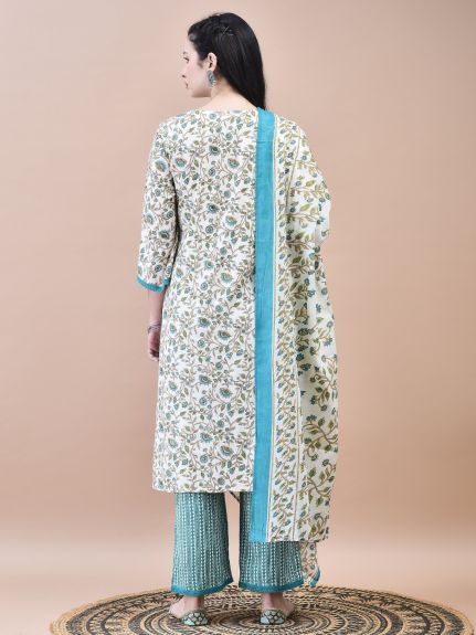 Shree Women Cotton Off-White Teal Floral Print Kurta Comfort Pant Dupatta
