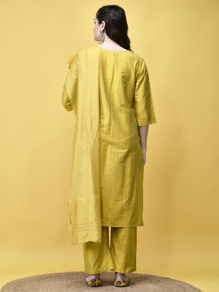 Shree Women Silk Blend Mustard Stripe Print Kurta Comfort Pant Dupatta