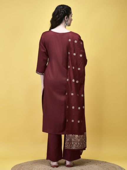 Shree Women Poly Viscose Maroon Embroidered Kurta Comfort Pant Chanderi Dupatta