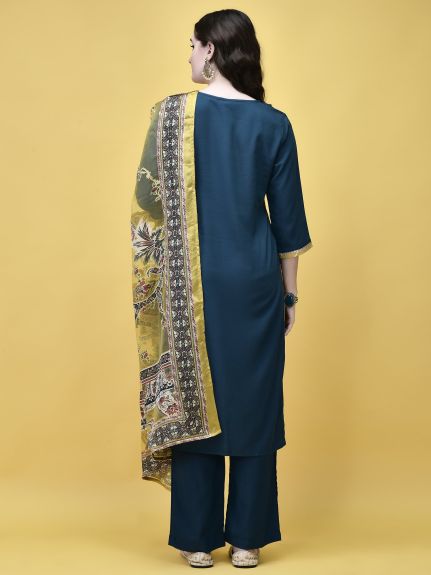 Shree Women Poly Viscose Blue Embroidered Kurta Comfort Pant Dupatta