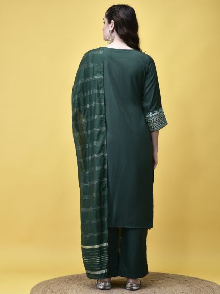 Shree Women Poly Viscose Green Embroidered Kurta Comfort Pant Chanderi Dupatta