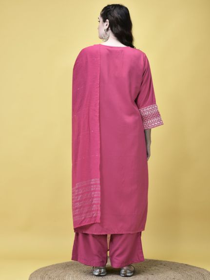 Shree Women Poly Viscose Pink Embroidered Kurta Comfort Pant Dupatta
