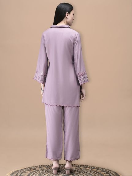 Shree Women Poly Viscose Lilac Embroidered Co-Ord Set