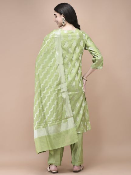 Shree Women Cotton Jacquard Green Woven Kurta Comfort Pant Dupatta