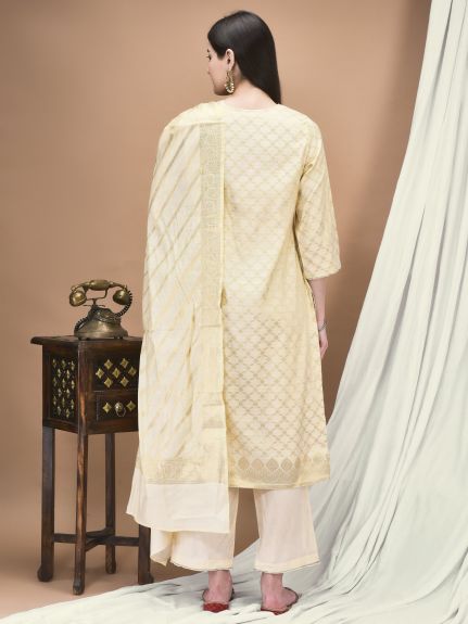 Shree Women Cotton Jacquard Beige Woven Kurta Comfort Pant Dupatta