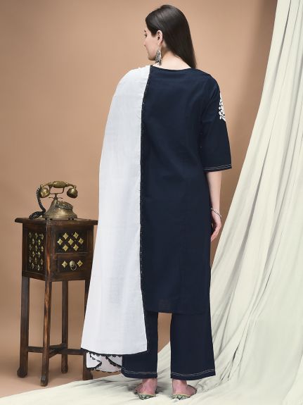 Shree Women Linen Navy Blue Embroidered Kurta Comfort Pant Dupatta