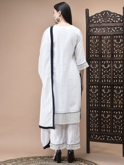Shree Women Viscose White Embroidered Kurta Comfort Pant Dupatta