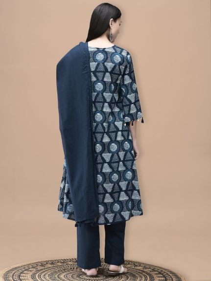Shree Women Cotton Indigo Geometric Print Kurta Comfort Pant Dupatta