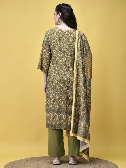 Shree Women Liva Rayon Green Placement Print Kurta Comfort Pant Dupatta