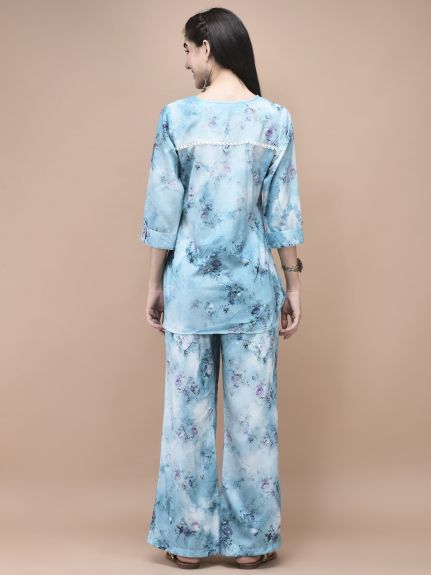 Shree Women Linen Blue Texture Print Co-Ord Set