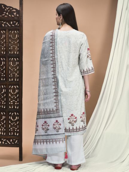 Shree Women Linen Green Floral Print Kurta Comfort Pant Dupatta