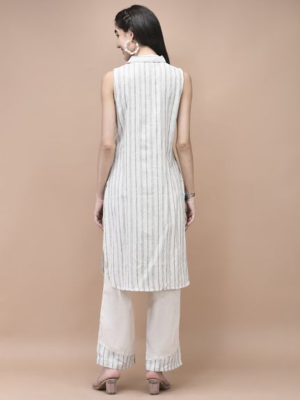 Shree Women Cotton Off White Yarn Dyed Kurta With Comfort Pant