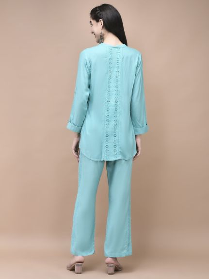 Shree Women Liva Blue Embroidered Co-Ord Set