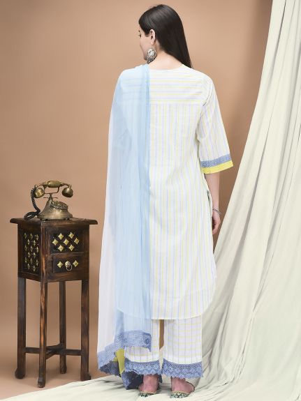 Shree Women Cotton White Stripe Print Kurta Comfort Pant Dupatta