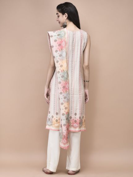 Shree Women Silk Blend Multicolor Mughal Print Kurta Comfort Pant Dupatta