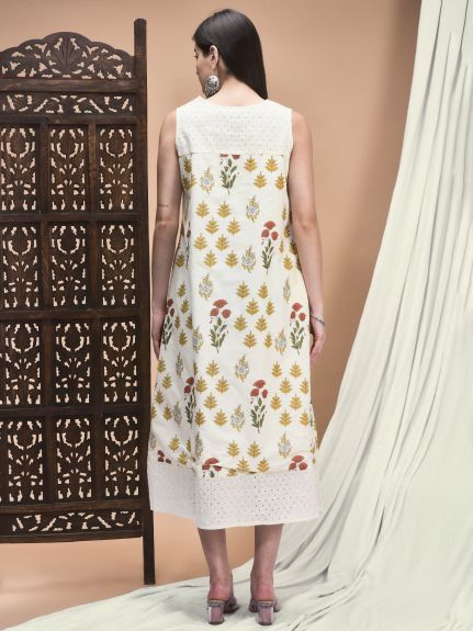 Shree Women Cambric Off White Jaipur Motifs Print Dress