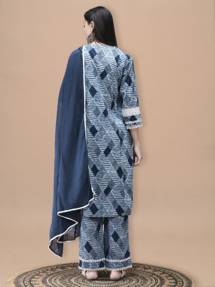 Shree Women Cotton Blue Geometric Print Kurta Comfort Pant Dupatta