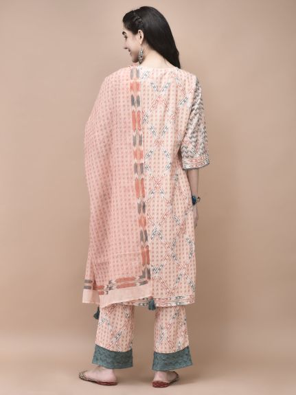 Shree Women Linen Orange Ikat Print Kurta Comfort Pant Dupatta