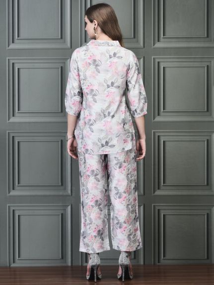 Shree Women Khadi Silk Sage Green Multi color Floral Print Co-Ord Set