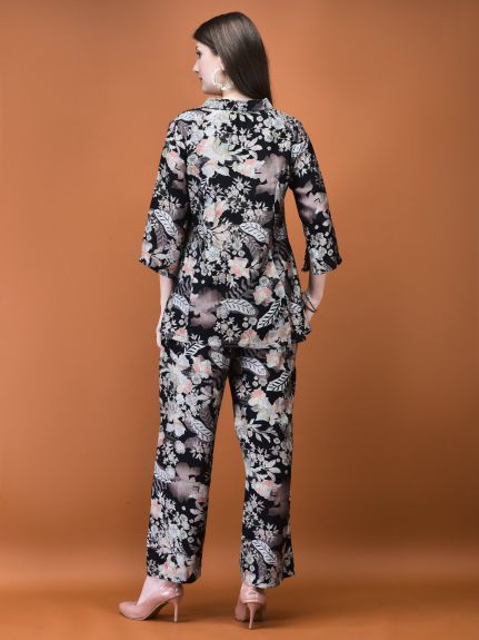 Shree Women Silk Blend Black Floral Print Co-Ord Set