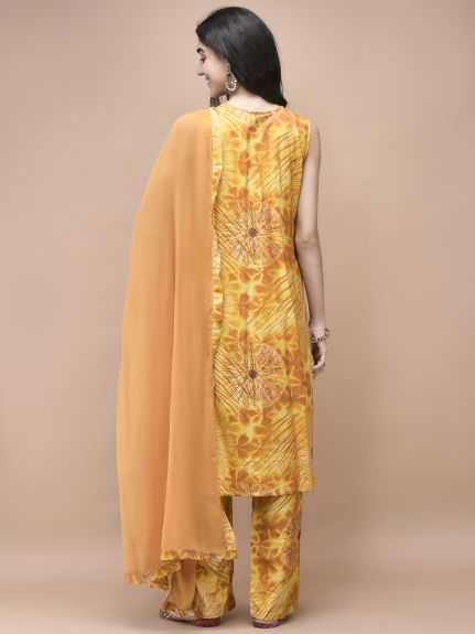 Shree Women Liva Mustard Tie Dye Print embroidered Kurta Comfort Pant Dupatta