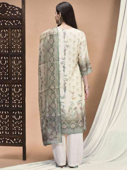 Shree Women Silk Blend Off White Floral Print Kurta Comfort Pant Dupatta
